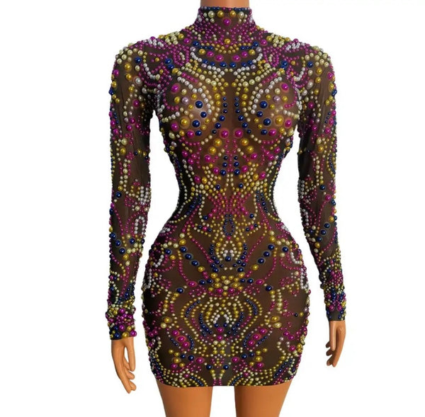 Women Sexy Full Sleeve Colorful Beaded Mesh Dress