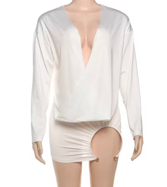 Women Sexy Full Sleeve Ruched Metal Cut Out Dress