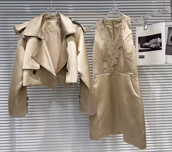 Women Fashion Khaki Sleeveless Dress Two Piece Jacket Set