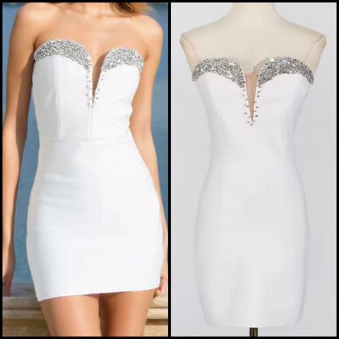 Women White Sexy Strapless Rhinestone Patchwork Dress