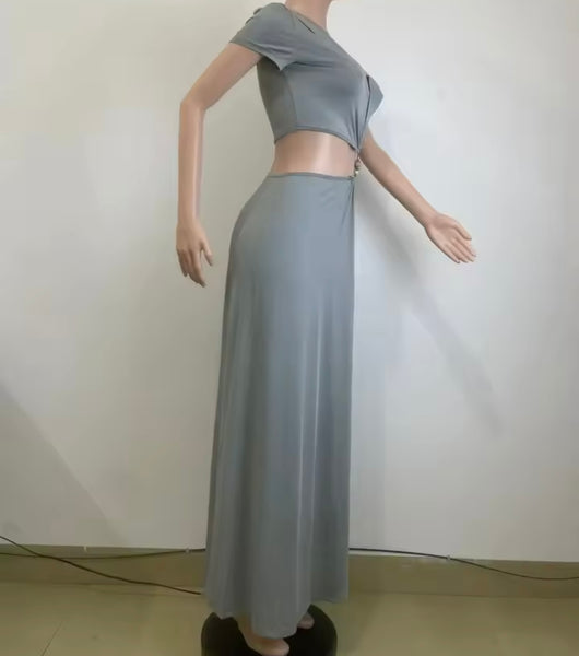 Women Sexy Gray Short Sleeve Cut Out Maxi Dress