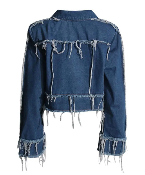 Women Fashion Fringe Denim Jacket Two Piece Color Patchwork Pant Set