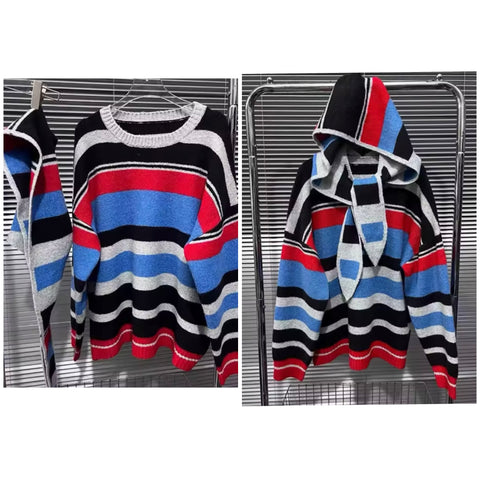 Women Fashion Multicolored Striped Two Piece Sweater Top