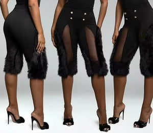 Women Fashion Black Feather Mesh Patchwork Capri Pants