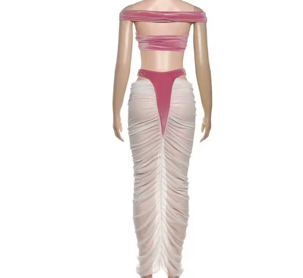 Women Sexy Sleeveless Velour Mesh Ruched Two Piece Maxi Skirt Set
