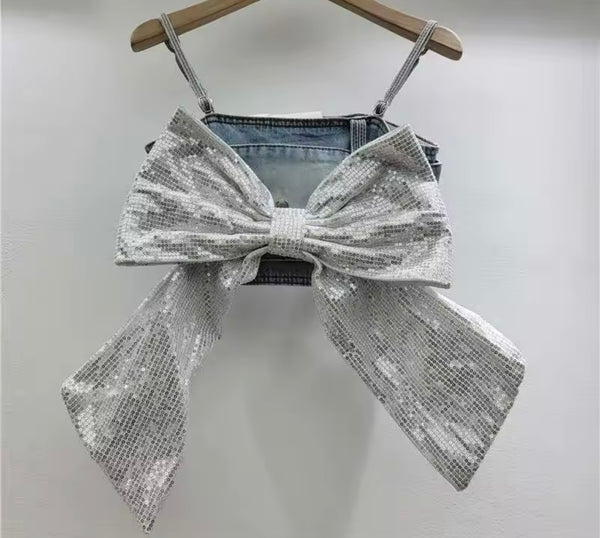 Women Sleeveless Sequins Bow Denim Crop Top
