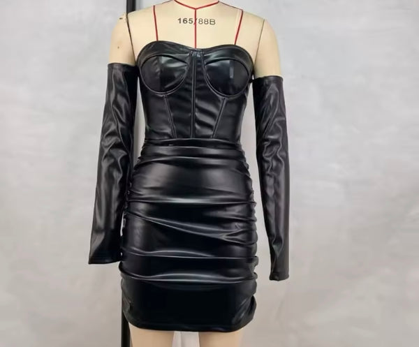 Women Black Sexy Off The Shoulder Faux Leather Full Sleeve Dress