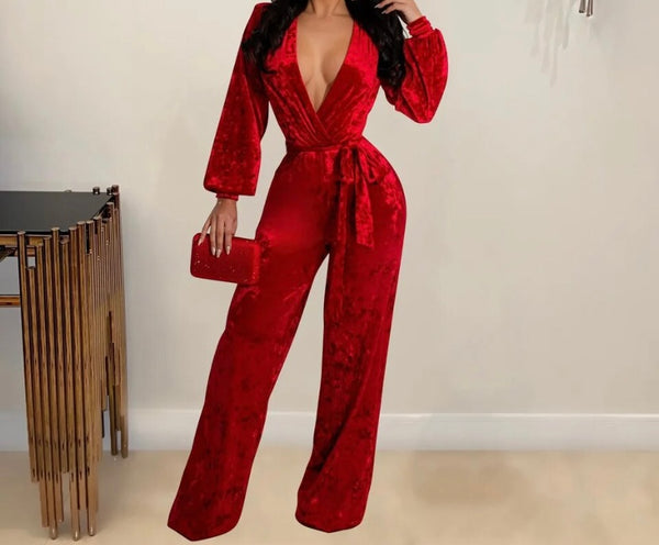 Women Sexy Deep V-Neck Full Sleeve Velour Tie Up Jumpsuit