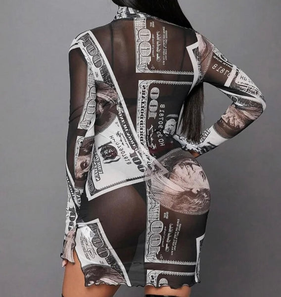 Women Sexy B&W Money Print Full Sleeve Mesh Dress