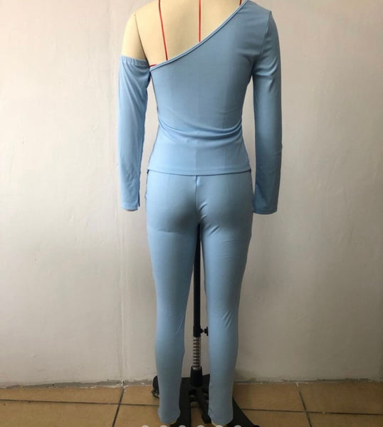 Women Off The Shoulder Full Sleeve Solid Color Two Piece Pant Set