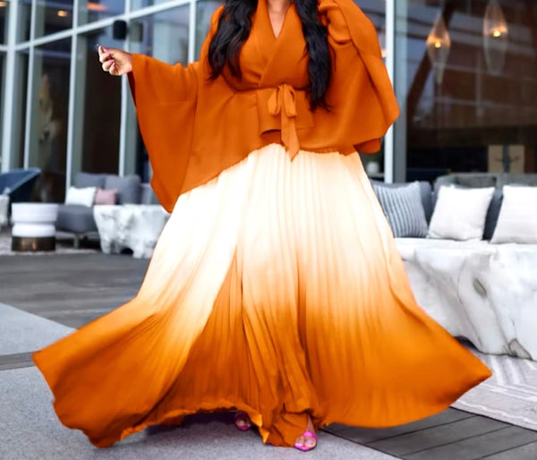 Women Full Sleeve Gradient Two Piece Pleated Maxi Skirt Set
