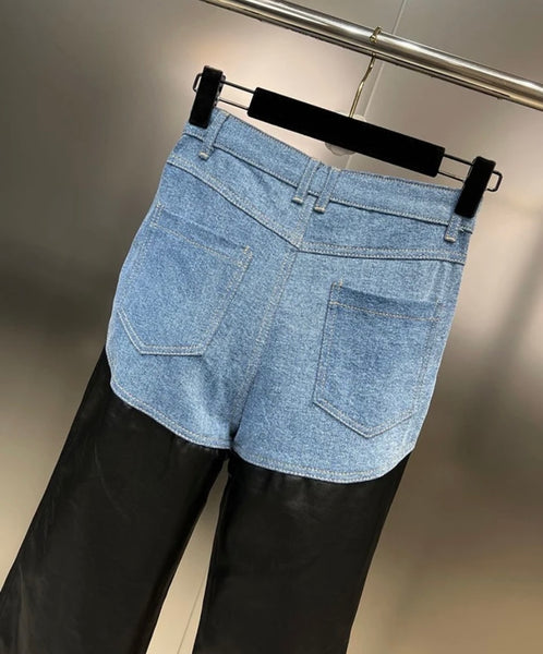 Women Fashion Faux Leather Denim Patchwork Pants
