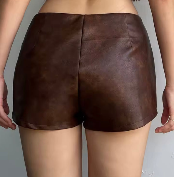 Women Brown Fashion Faux Leather Metal Ring Shorts