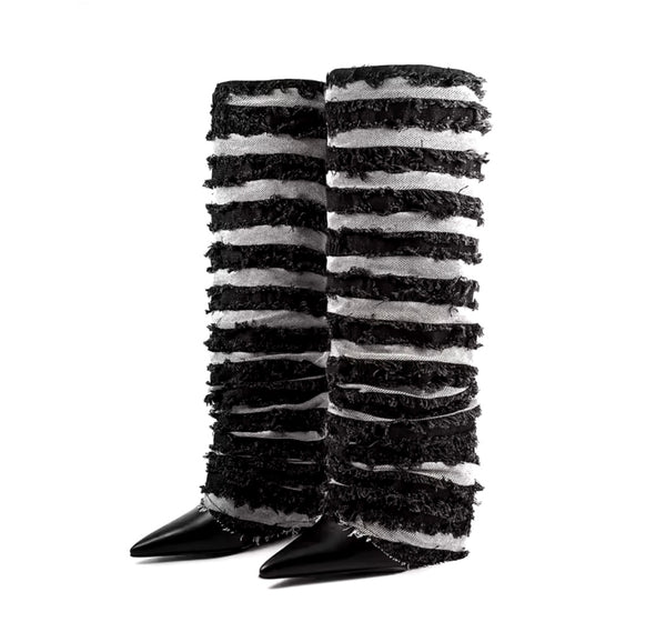 Women Pointed Toe Color Patchwork Fringe Platform Boots