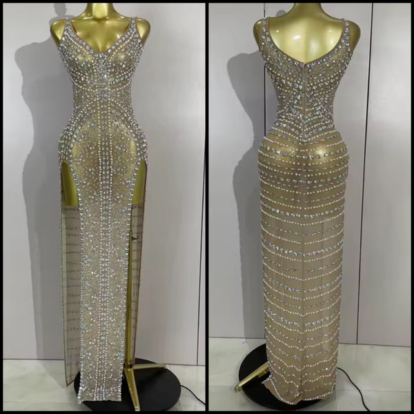 Women Sexy Sleeveless Mesh Rhinestone Maxi Dress