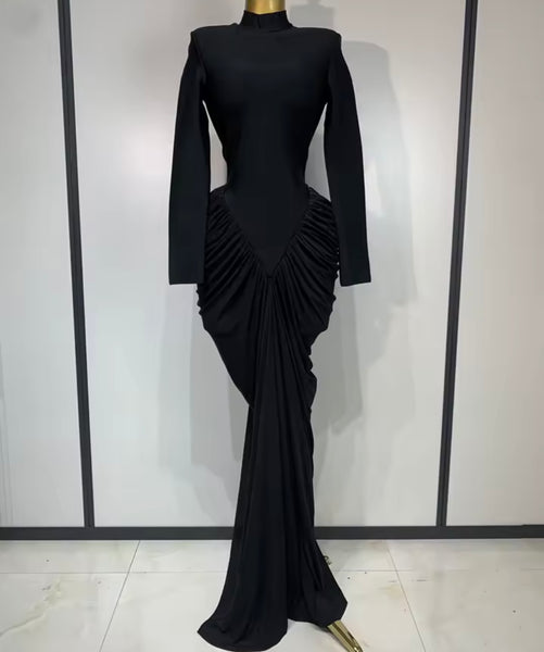 Women Sexy Solid Color Ruched Full Sleeve Maxi Dress