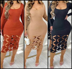 Women Sexy Solid Color Full Sleeve Hollow Out Dress