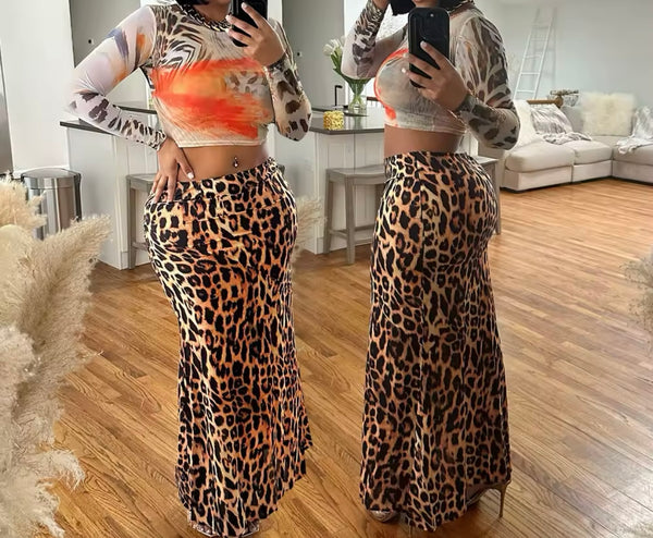 Women Printed Full Sleeve Leopard Two Piece Maxi Skirt Set