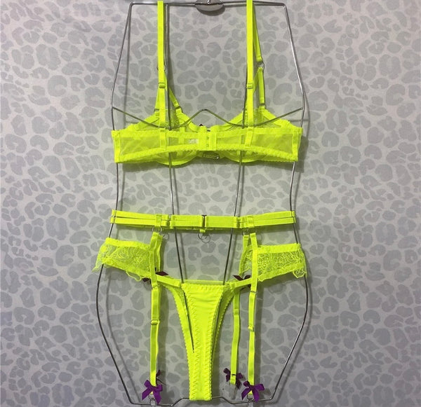 Women Sexy Green Mesh Bow Lingerie Set