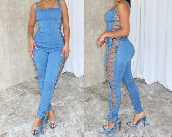 Women Sexy Sleeveless Side Cut Out Lace Up Denim Jumpsuit