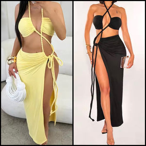Women Sexy Halter Sleeveless Rope Tie Up Two Piece Maxi Skirt Set