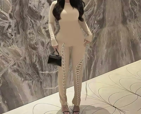 Women Color Full Sleeve Cut Out Tie Up Fashion Jumpsuit