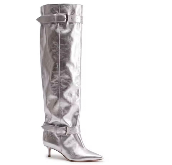 Women Pointed Toe Double Buckle Knee High Boots