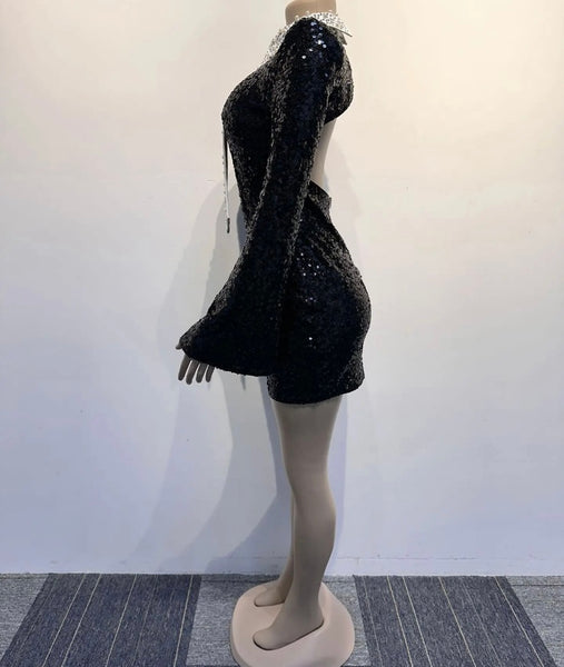 Women Sexy B&W Pearl Bling Tie Full Sleeve Sequins Open Back Dress