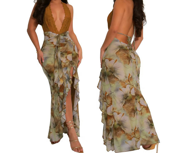 Women Sexy Halter Sleeveless Color Printed Maxi Dress