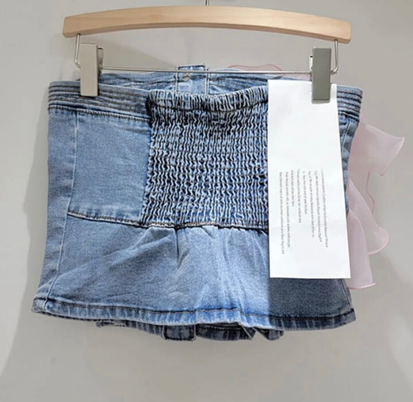 Women Fashion Button Up Strapless Denim Floral Crop Top