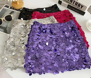 Women Fashion Solid Color Sequins Short Skirt