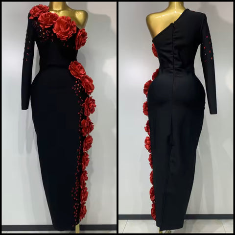 Women Black Sexy One Shoulder Full Sleeve 3D Floral Rhinestone Maxi Dress