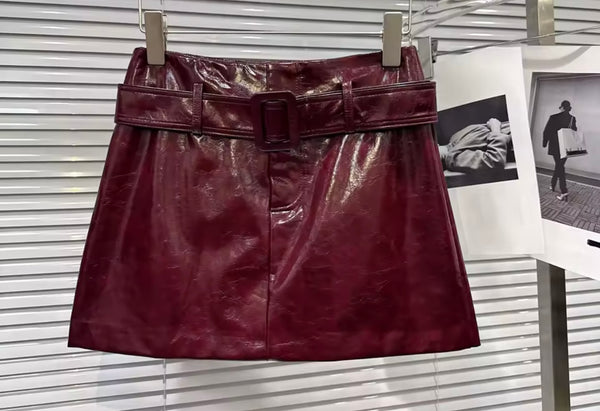 Women Sexy Fashion Color Faux Leather Belted Skirt