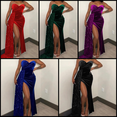 Women Sexy Velour Strapless Sequins Asymmetrical Dress