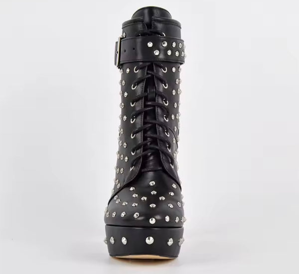 Women Fashion Black Rivet High Heel Ankle Strap Buckle Boots