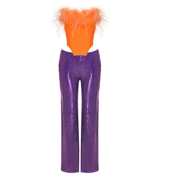 Women Color Patchwork Feather Strapless Two Piece Sequins Pant Set