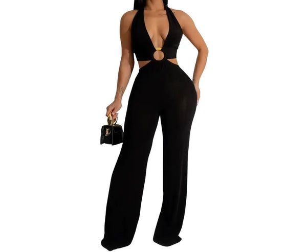 Women Sexy Sleeveless Solid Color Open Tie Up Back Jumpsuit