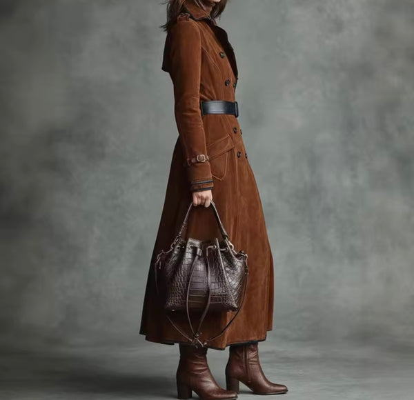 Women Fashion Brown Suede Button Up Trench Jacket