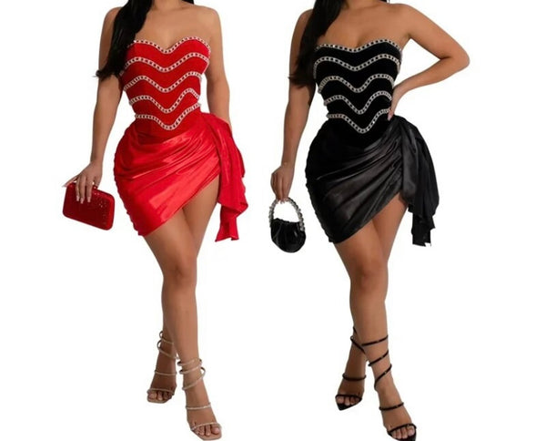 Women Sexy Strapless Bling Rhinestone Ruched Dress