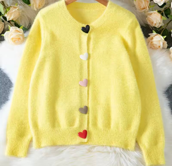 Women Yellow Fashion Heart Button Up Sweater Top