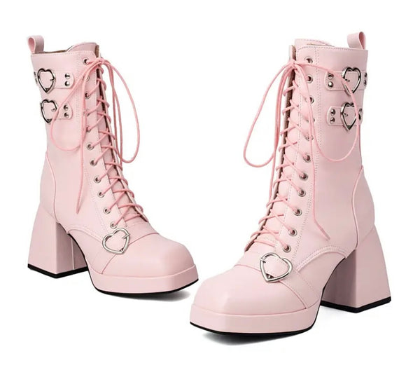 Women Fashion Heart Lace Up Platform Ankle Boots