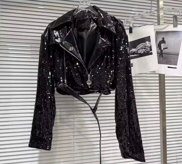 Women Fashion Sequins PU Buckled Jacket