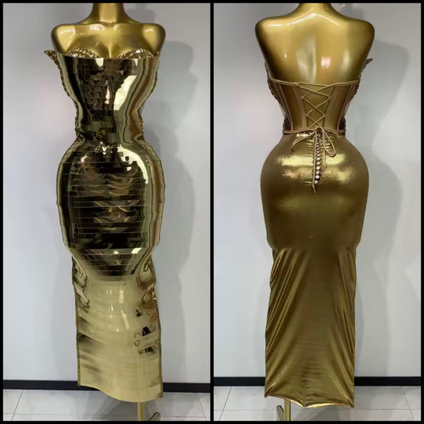 Women Sexy Sequins Strapless Gold Maxi Dress