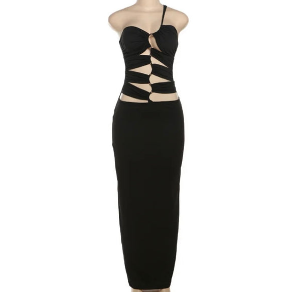 Women Black Sexy One Shoulder Sleeveless Cut Out Maxi Dress
