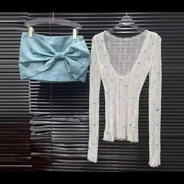 Women Mesh Polka Dot Full Sleeve Two Piece Bow Skirt Set