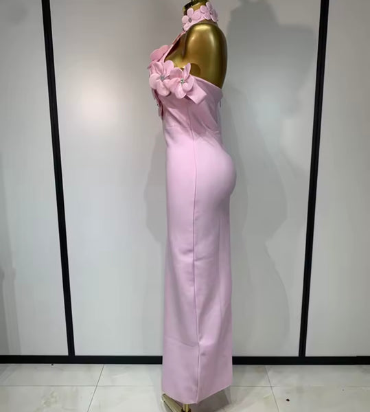 Women Pink Bling Floral Halter Sleeveless Sexy Maxi Dress