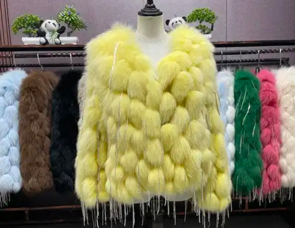 Women Fashion Faux Fur Bling Tassel Jacket