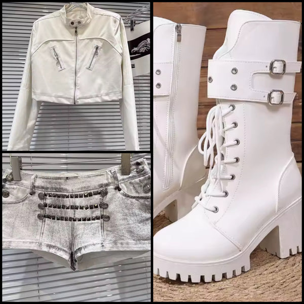 Women Fashion Faux Leather Jacket Two Piece Denim Short Set