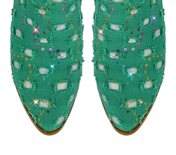 Women Fashion Sequins Denim Western Mid-Calf Boots
