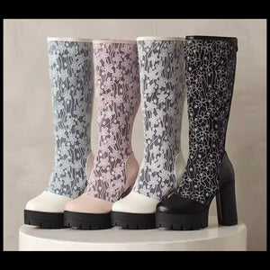 Women Fashion Color Floral Mesh Platform Knee High Boots